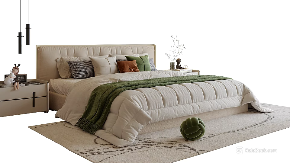 Modern Double Bed with Upholstered Headboard Colorful Pillows Green Blanket Nightstand and Rug Decor 3d model 