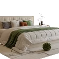 Modern Double Bed with Upholstered Headboard Colorful Pillows Green Blanket Nightstand and Rug Decor