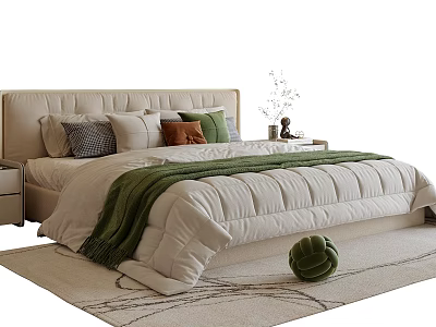 Modern Double Bed with Upholstered Headboard Colorful Pillows Green Blanket Nightstand and Rug Decor 3d model