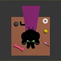 Black Cat With Green Eyes Purple Cape Sitting On Orange Cube With Pink Yellow Objects