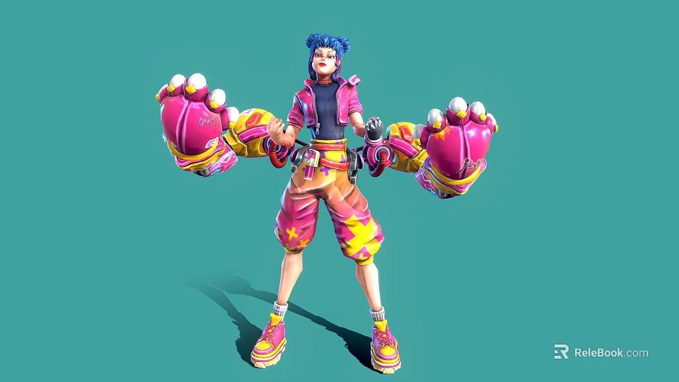 Blue Haired Character With Pink Yellow Outfit And Claw Like Gloves Standing Against Green Background 3d model 