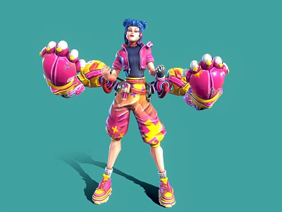 Blue Haired Character With Pink Yellow Outfit And Claw Like Gloves Standing Against Green Background 3d model