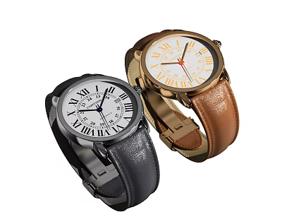 Black And Gold Watches With Brown Leather Straps And White Roman Numeral Dials 3d model