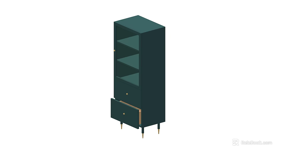 Modern Dark Green Chest of Drawers with Glass Door Shelves and Metal Legs 3d model 