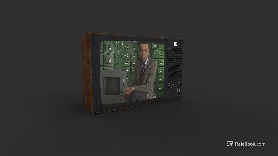 Vintage Television with Wooden Frame Displaying Man in Suit and Green File Cabinets 3d model 