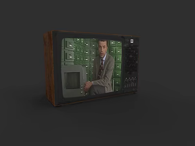 Vintage Television with Wooden Frame Displaying Man in Suit and Green File Cabinets 3d model
