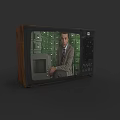 Vintage Television with Wooden Frame Displaying Man in Suit and Green File Cabinets