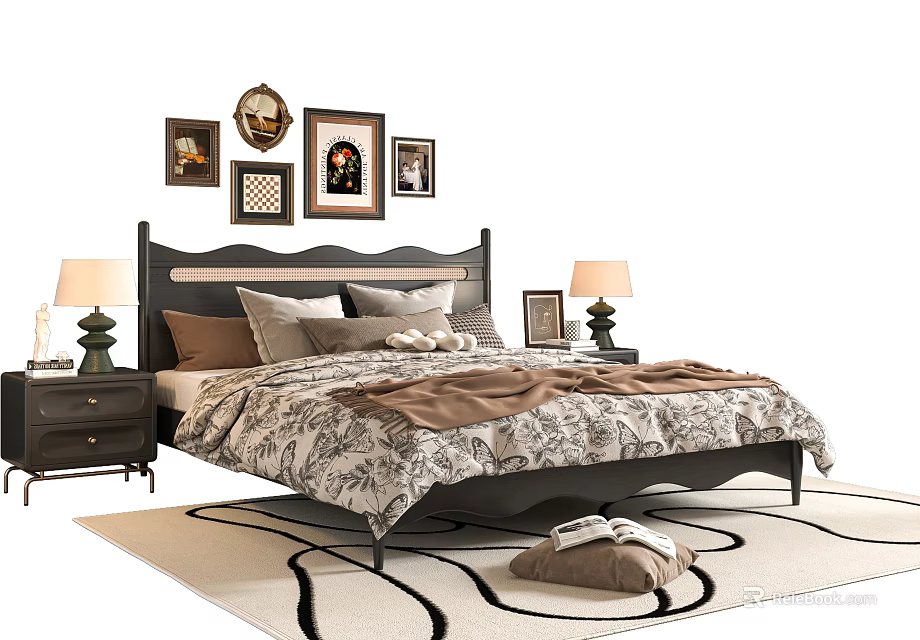 Cozy Double Bed with Decorative Wall Art Bedside Tables Table Lamps and Area Rug 3d model 