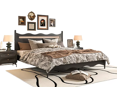 Cozy Double Bed with Decorative Wall Art Bedside Tables Table Lamps and Area Rug 3d model