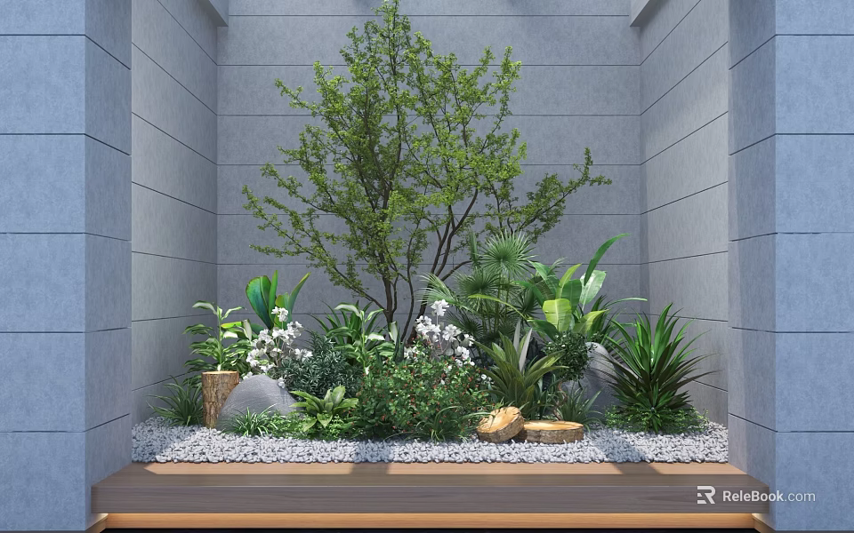 Green Plants and Flowers on Wooden Platform With Gray Wall Small Stones and White Blooms 3d model 