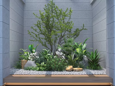 Green Plants and Flowers on Wooden Platform With Gray Wall Small Stones and White Blooms 3d model