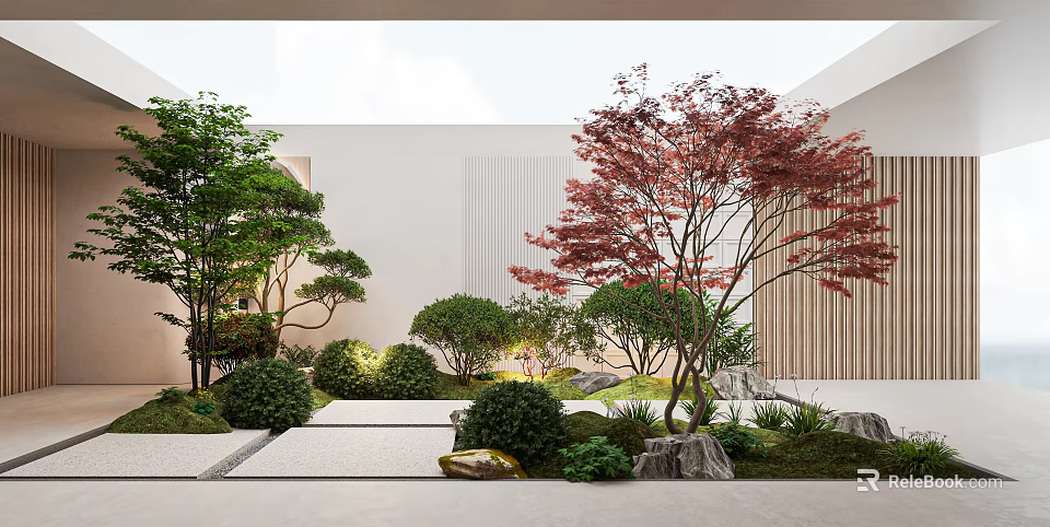 Serene Garden Landscape With Green Trees Red Maple Tree White Walls Stone Paths And Rocks 3d model 