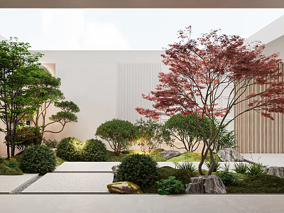 Serene Garden Landscape With Green Trees Red Maple Tree White Walls Stone Paths And Rocks 3d model