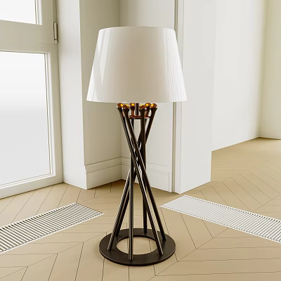 Stylish Floor Lamp Featuring White Lampshade Crossed Black Base And Gold Accents For Modern Interior 3d model