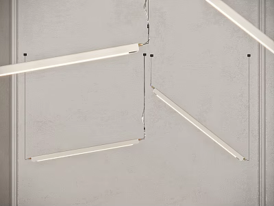 Modern Minimalist White Linear Chandeliers Suspended from Gray Ceiling with Thin Wires 3d model
