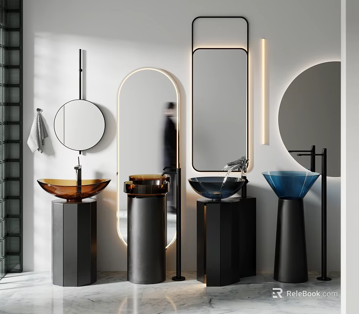 Modern Colored Washbasins Featuring Black Pedestal Bases Circular Mirrors And Lighting 3d model 