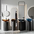 Modern Colored Washbasins Featuring Black Pedestal Bases Circular Mirrors And Lighting