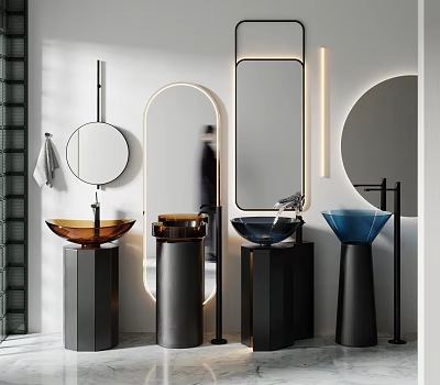 Modern Colored Washbasins Featuring Black Pedestal Bases Circular Mirrors And Lighting 3d model