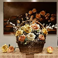Wooden Table Decor With Flower Basket Mixed Roses Apple Lantern And Background Painting
