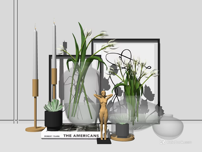 Stylish Decorative Ornament Set With Green Plants Glass Vase Figurine Candles Picture Frame And Book 3d model 