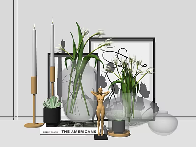 Stylish Decorative Ornament Set With Green Plants Glass Vase Figurine Candles Picture Frame And Book 3d model