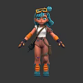 3D Teal Haired Character Wearing Goggles White Top Brown Pants Green Boots Front Back View
