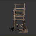 Two Wooden Scaffold Style Household Workbenches With Red Wheelbarrow And Cloth