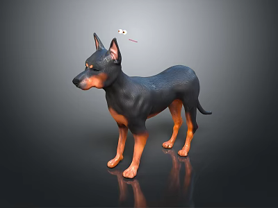 Black And Brown Doberman Figurine With Small Spider On Gray Background 3d model