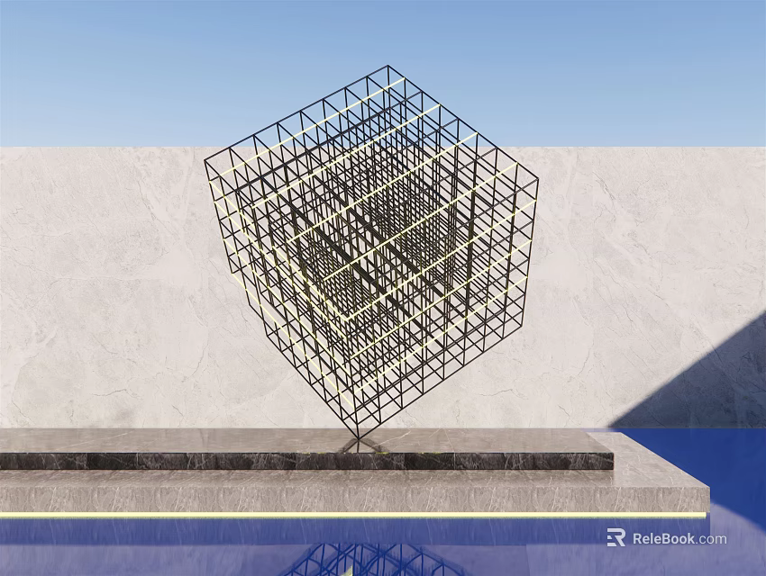 Geometric Metal Grid Cube Landscape Sculpture on Platform with Water Gray Wall and Blue Sky 3d model 
