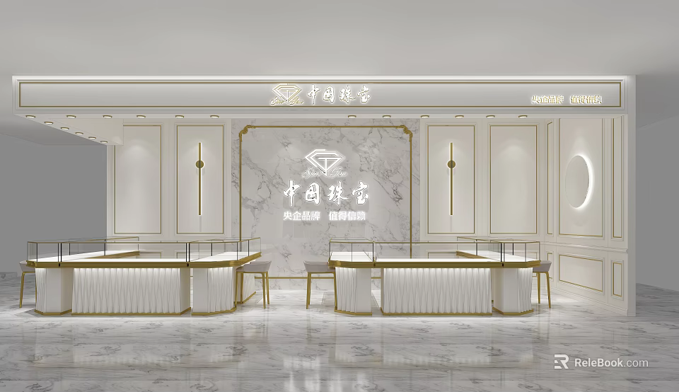 Modern Jewelry Store Interior With Marble Wall And Glass Display Counters 3d model 