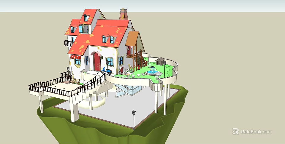 Charming Detached Villa With Red Roof White Exterior Balcony and Garden Area 3d model 