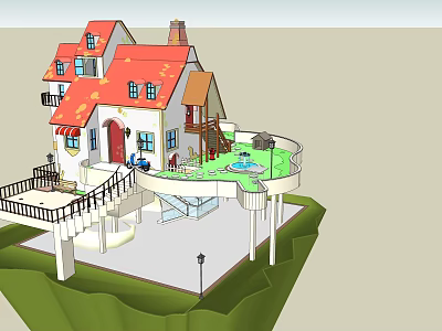 Charming Detached Villa With Red Roof White Exterior Balcony and Garden Area 3d model