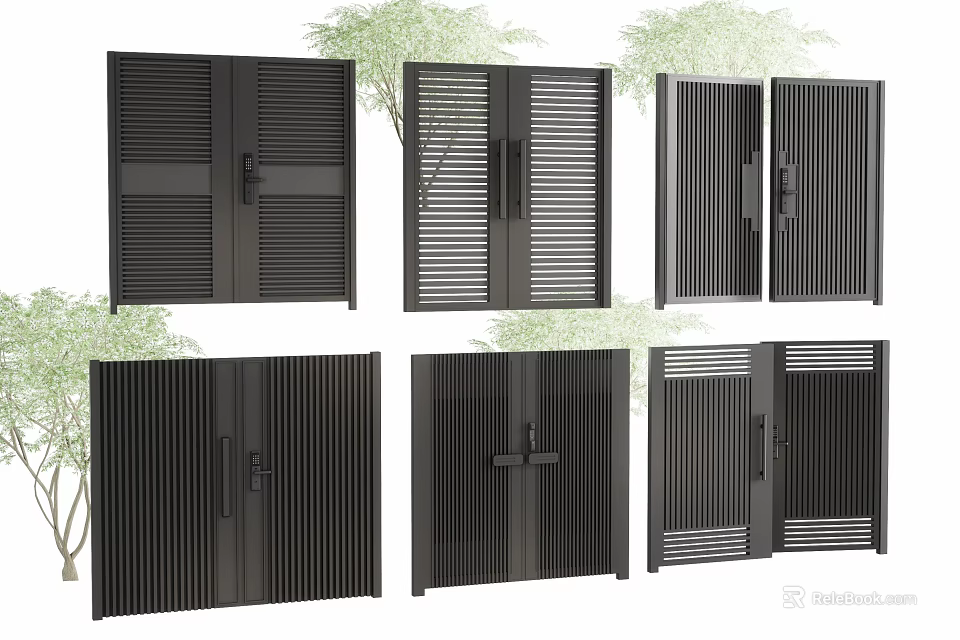 Black Slatted Double Doors In Various Exterior Designs With Green Trees Background 3d model 