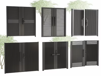 Black Slatted Double Doors In Various Exterior Designs With Green Trees Background 3d model