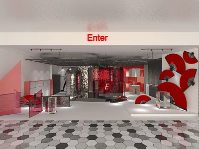 Modern Specialty Store Interior With Red Decorations Enter Sign And Hexagonal Floor Tiles 3d model