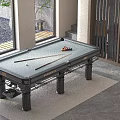 Contemporary Billiard Entertainment Table With Colorful Balls Cues And White Cue Ball On Gray Surface