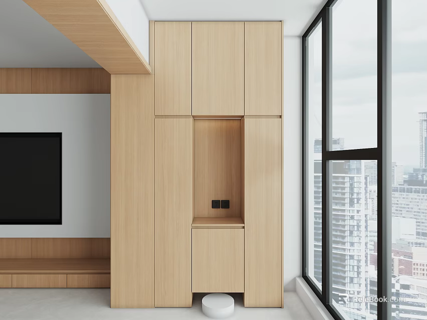 Modern Living Room With Light Wood Decorative Cabinet TV Wall And City View Large Windows 3d model 