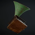 Vintage Gramophone With Colorful Decorative Horn And Wooden Carved Base Design