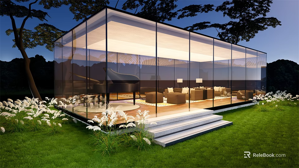 Modern Glass House With Transparent Walls Green Lawn Steps And Interior Furniture 3d model 