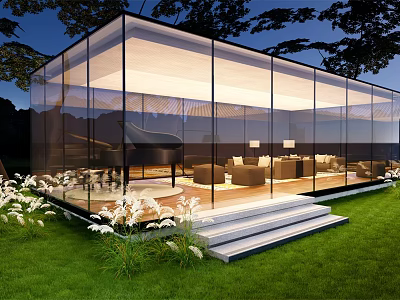 Modern Glass House With Transparent Walls Green Lawn Steps And Interior Furniture 3d model