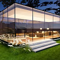 Modern Glass House With Transparent Walls Green Lawn Steps And Interior Furniture
