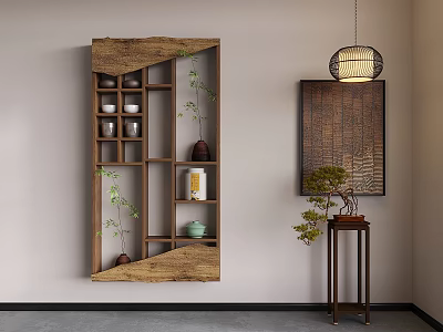 Quiet Ancient Style Tea Cabinet Log Wall Hanging Bookcase Storage Rack Flower Rack 3d model
