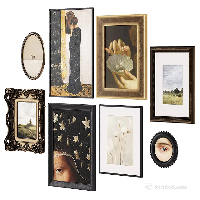 Feature Wall Adorned With Various Framed Artworks Including Portraits Landscapes And Floral Paintings 3d model 