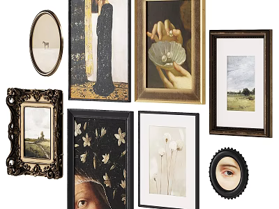 Feature Wall Adorned With Various Framed Artworks Including Portraits Landscapes And Floral Paintings 3d model