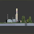 Cartoon Miniature Industrial Scene With Factory Buildings Tall Chimney Green Trees And Vehicles