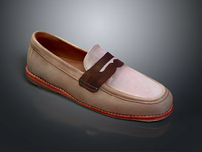 Beige Suede Loafer Shoes Featuring Brown Strap Detail And Red Trim Sole 3d model