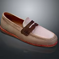 Beige Suede Loafer Shoes Featuring Brown Strap Detail And Red Trim Sole