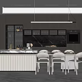 Modern Restaurant Kitchen Interior With Dark Cabinets Marble Island Pendant Lights And Wine Rack