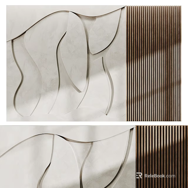 Modern Bedroom Accent Wall Design With Wavy Curves And Striped Wooden Panels 3d model 