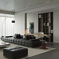 Modern Minimalist Living Room With Black Leather Sofa Marble Coffee Table And Large Floor Curtains